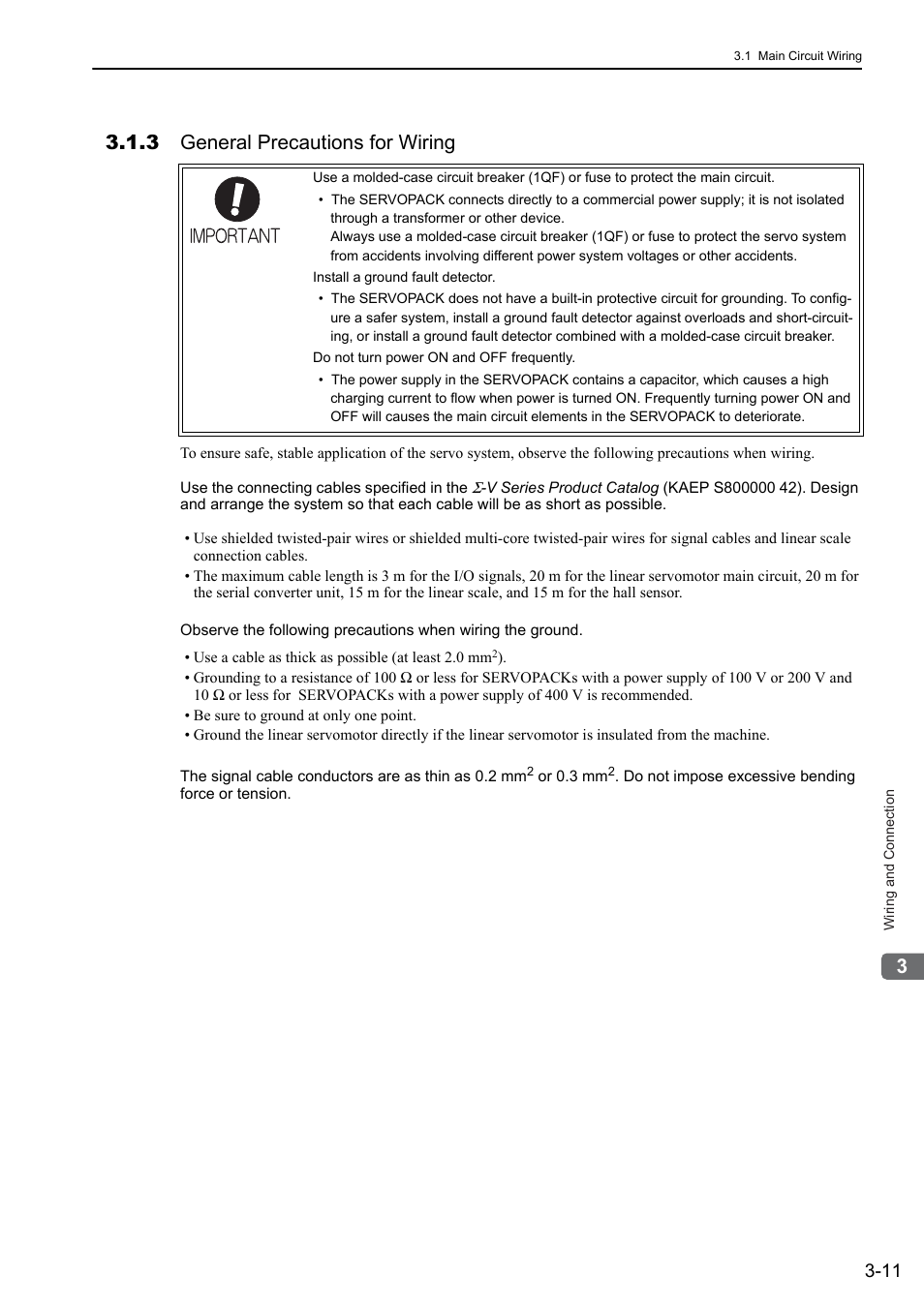 3 general precautions for wiring | Yaskawa Sigma-5 User Manual: Design and Maintenance - Linear Motors User Manual | Page 57 / 318