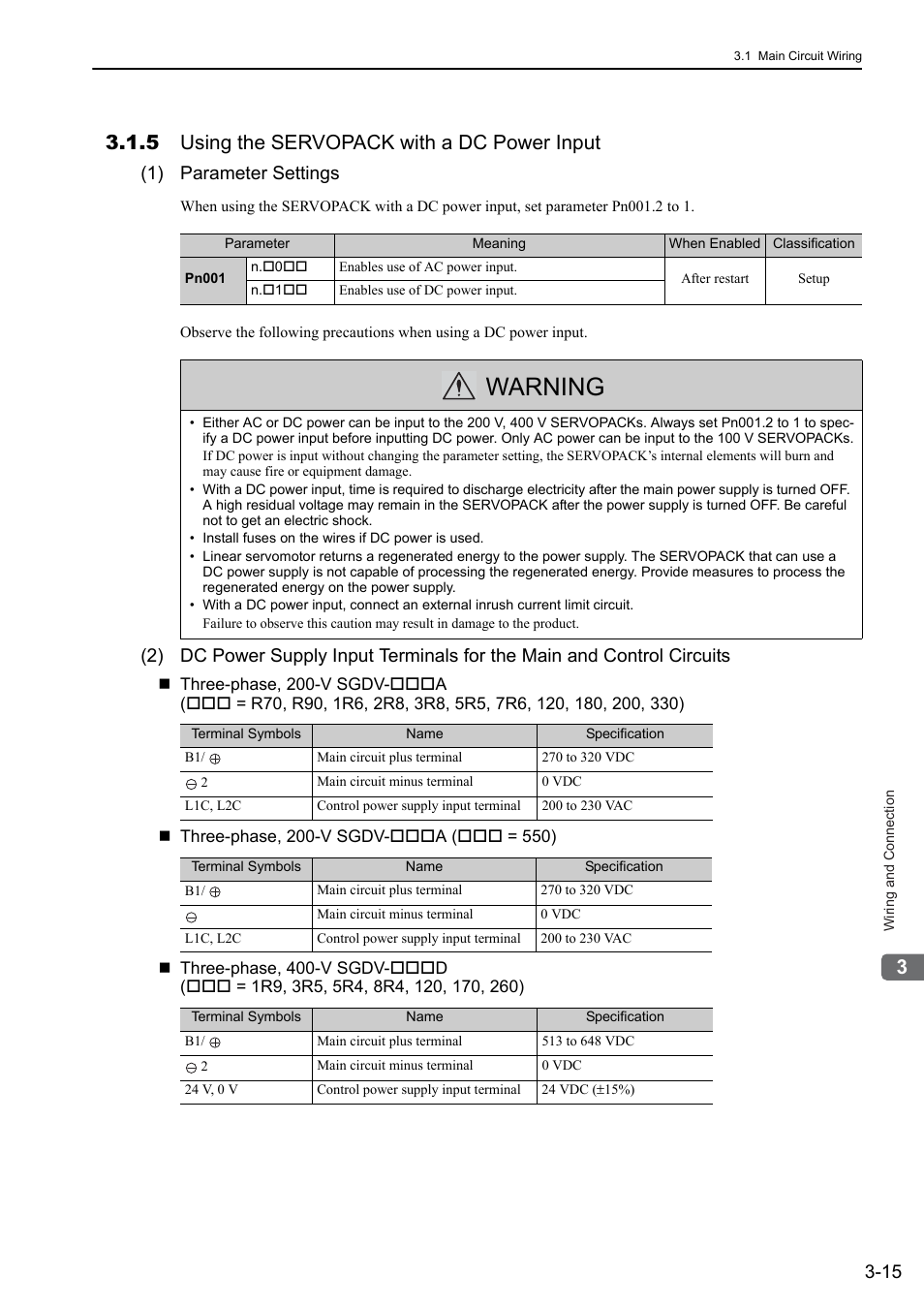 5 using the servopack with a dc power input, Warning, 1) parameter settings | Yaskawa Sigma-5 User Manual: Design and Maintenance - Linear Motors User Manual | Page 61 / 318