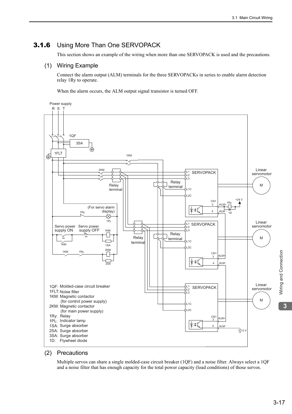 6 using more than one servopack, 1) wiring example, 2) precautions | Yaskawa Sigma-5 User Manual: Design and Maintenance - Linear Motors User Manual | Page 63 / 318