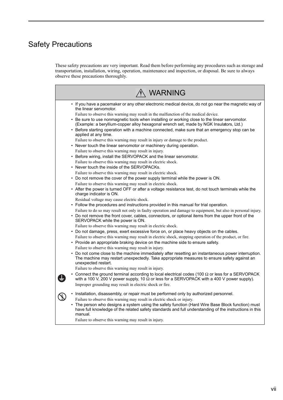 Safety precautions, Warning | Yaskawa Sigma-5 User Manual: Design and Maintenance - Linear Motors User Manual | Page 7 / 318