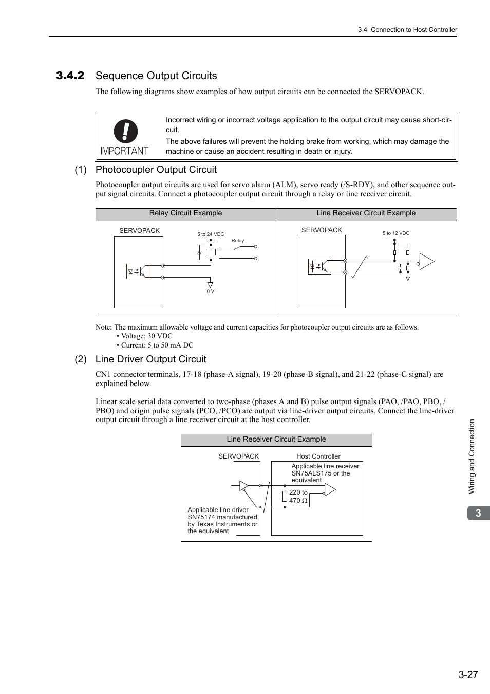 2 sequence output circuits, 1) photocoupler output circuit, 2) line driver output circuit | Yaskawa Sigma-5 User Manual: Design and Maintenance - Linear Motors User Manual | Page 73 / 318