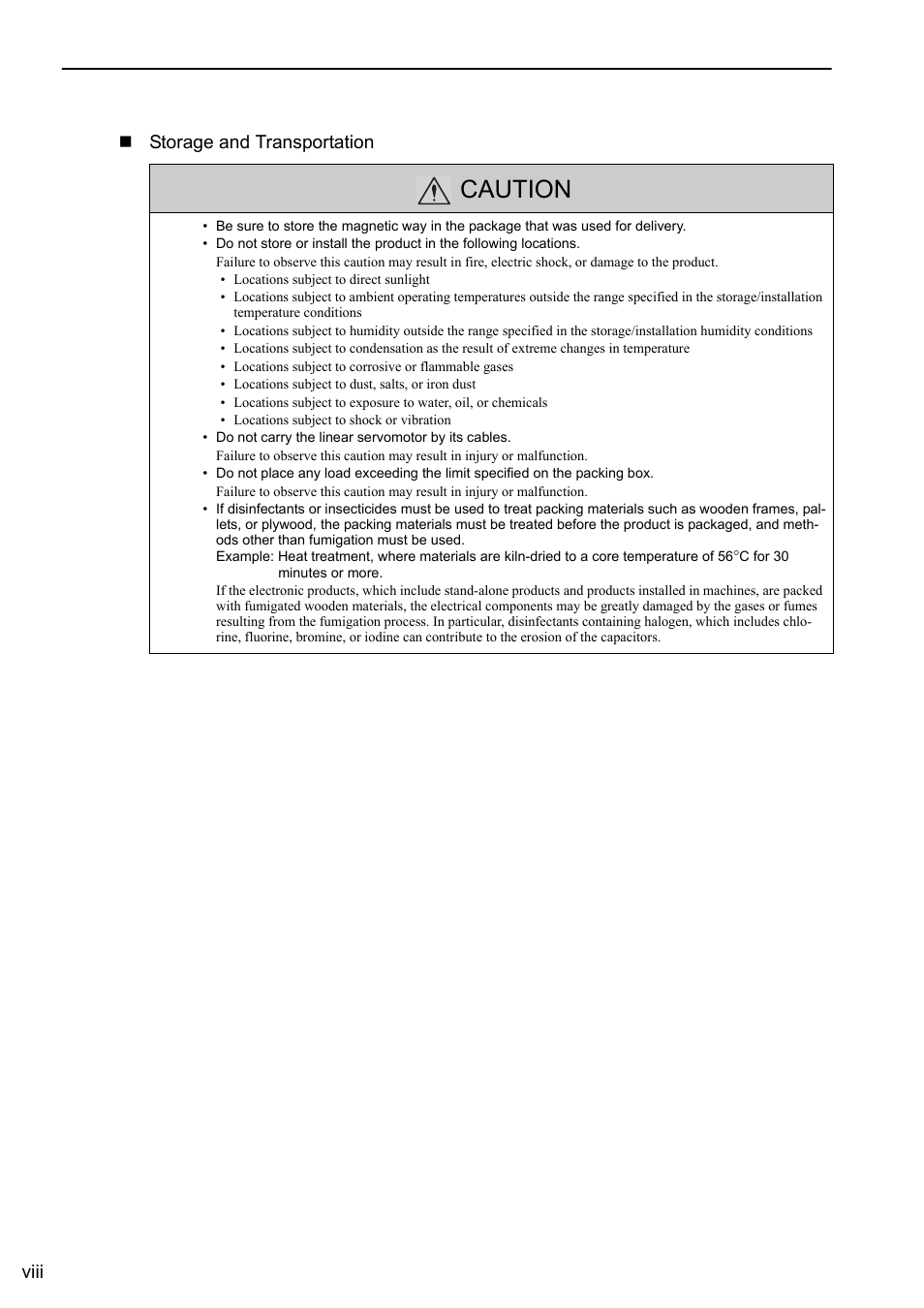 Caution, Viii  storage and transportation | Yaskawa Sigma-5 User Manual: Design and Maintenance - Linear Motors User Manual | Page 8 / 318