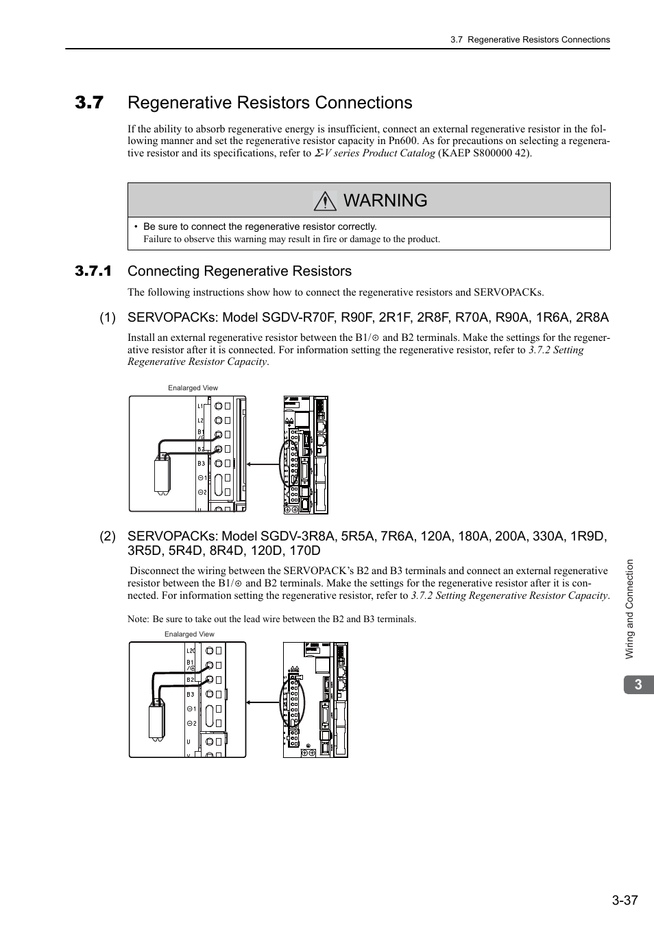 7 regenerative resistors connections, 1 connecting regenerative resistors, Warning | Yaskawa Sigma-5 User Manual: Design and Maintenance - Linear Motors User Manual | Page 83 / 318