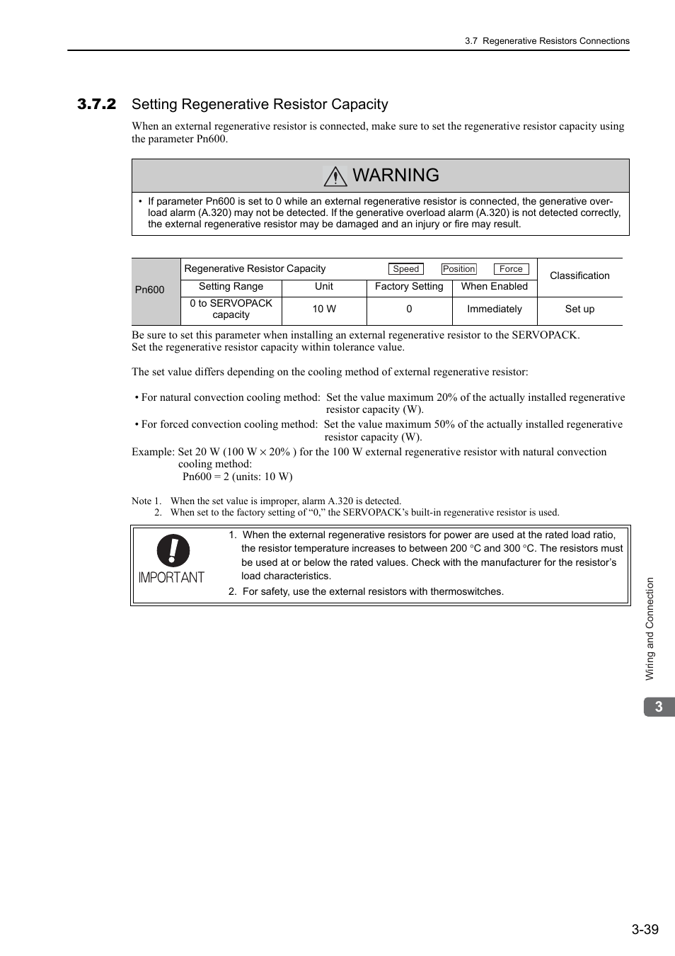 2 setting regenerative resistor capacity, Warning | Yaskawa Sigma-5 User Manual: Design and Maintenance - Linear Motors User Manual | Page 85 / 318
