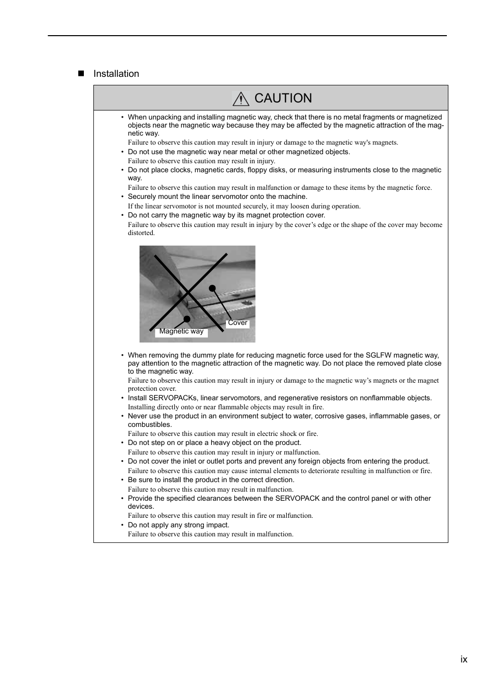 Caution, Ix  installation | Yaskawa Sigma-5 User Manual: Design and Maintenance - Linear Motors User Manual | Page 9 / 318