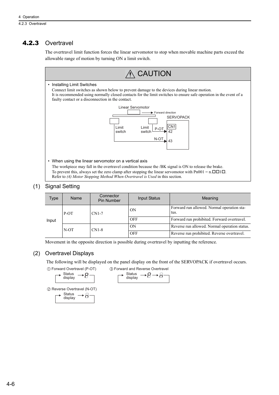 3 overtravel, Caution, 1) signal setting | 2) overtravel displays | Yaskawa Sigma-5 User Manual: Design and Maintenance - Linear Motors User Manual | Page 96 / 318