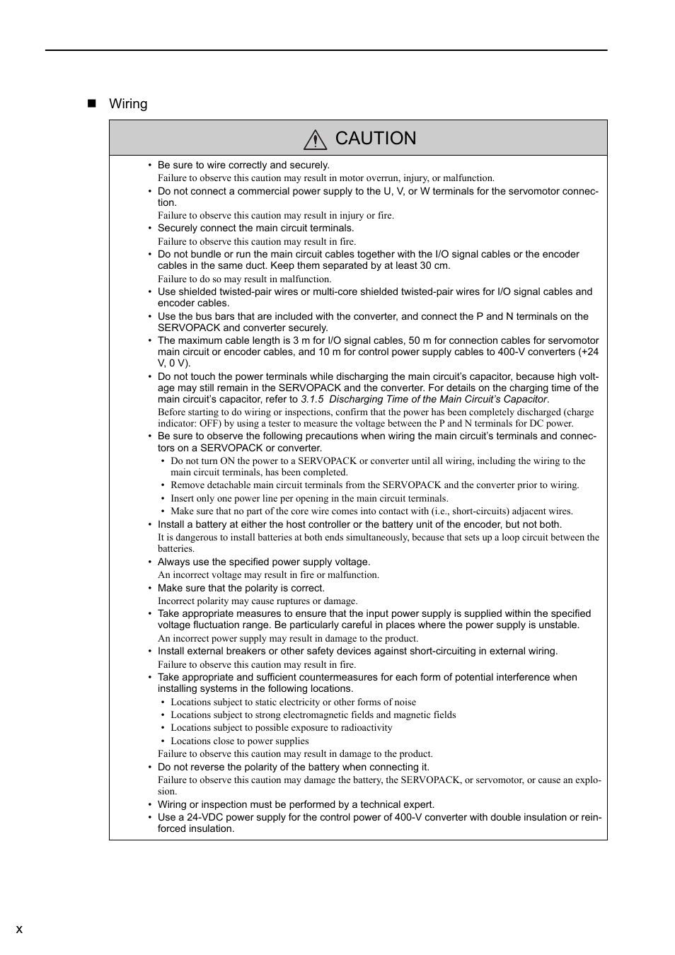 Caution, Xwiring | Yaskawa Sigma-5 Large Capacity Users Manual: Design and Maintenance-Rotary Motors-Analog Voltage and Pulse Train Reference User Manual | Page 10 / 434