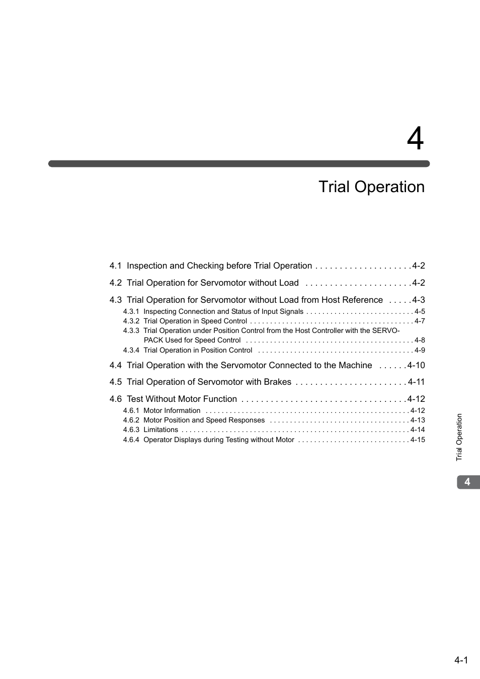 4 trial operation, Trial operation | Yaskawa Sigma-5 Large Capacity Users Manual: Design and Maintenance-Rotary Motors-Analog Voltage and Pulse Train Reference User Manual | Page 107 / 434