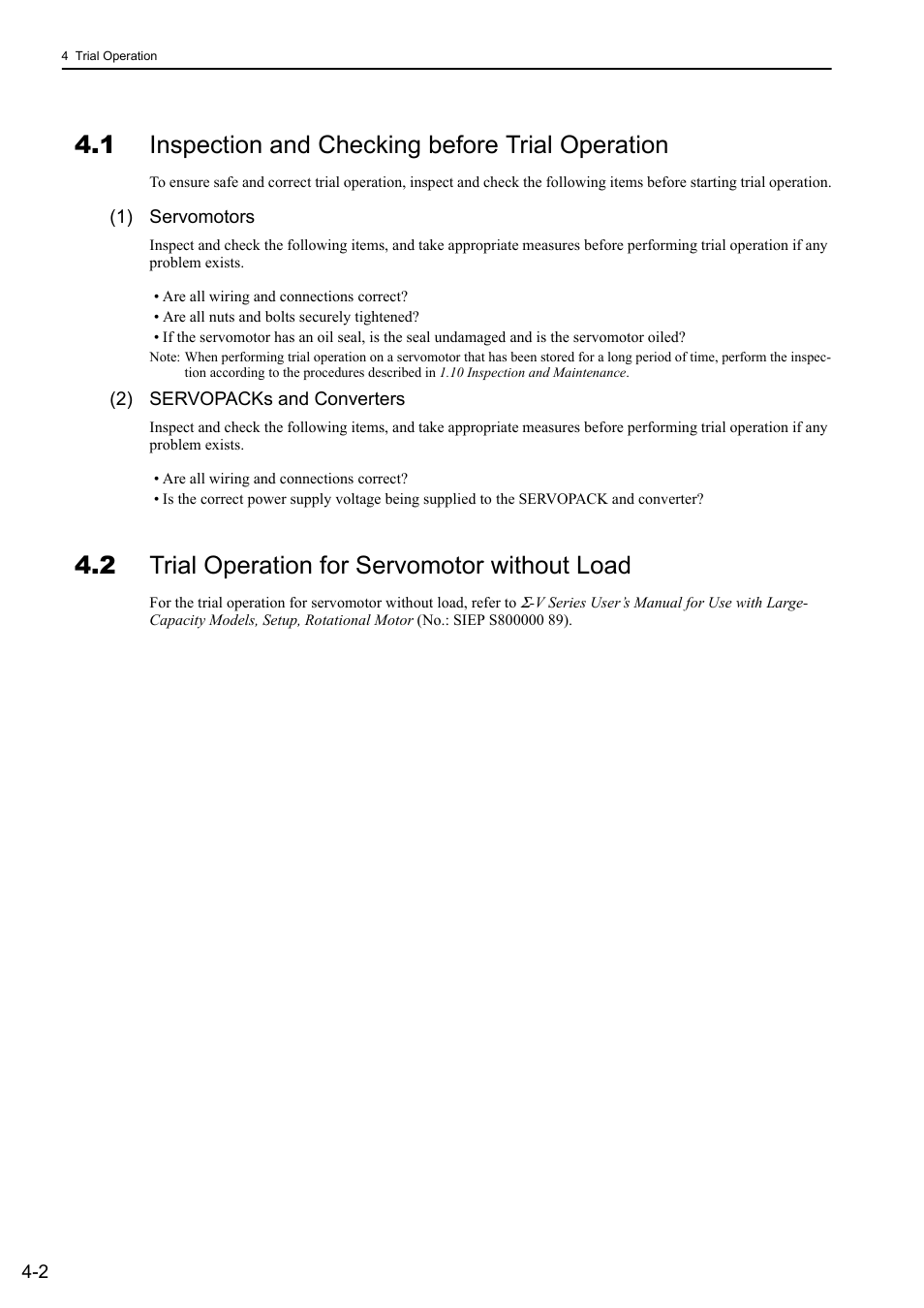 1 inspection and checking before trial operation, 2 trial operation for servomotor without load | Yaskawa Sigma-5 Large Capacity Users Manual: Design and Maintenance-Rotary Motors-Analog Voltage and Pulse Train Reference User Manual | Page 108 / 434