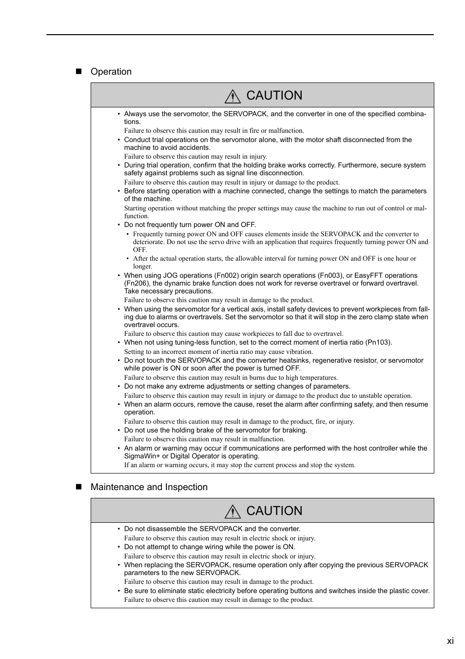 Caution, Xi operation maintenance and inspection | Yaskawa Sigma-5 Large Capacity Users Manual: Design and Maintenance-Rotary Motors-Analog Voltage and Pulse Train Reference User Manual | Page 11 / 434