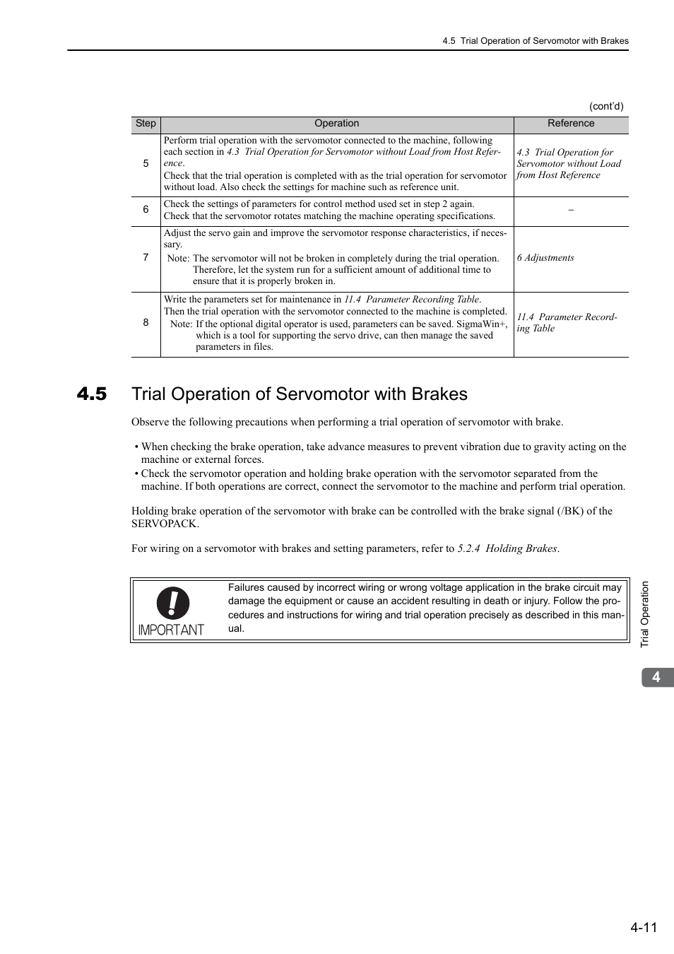 5 trial operation of servomotor with brakes | Yaskawa Sigma-5 Large Capacity Users Manual: Design and Maintenance-Rotary Motors-Analog Voltage and Pulse Train Reference User Manual | Page 117 / 434