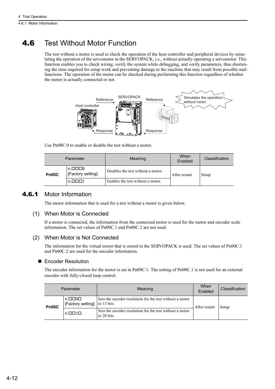 6 test without motor function, 1 motor information, 1) when motor is connected | 2) when motor is not connected, Analog | Yaskawa Sigma-5 Large Capacity Users Manual: Design and Maintenance-Rotary Motors-Analog Voltage and Pulse Train Reference User Manual | Page 118 / 434