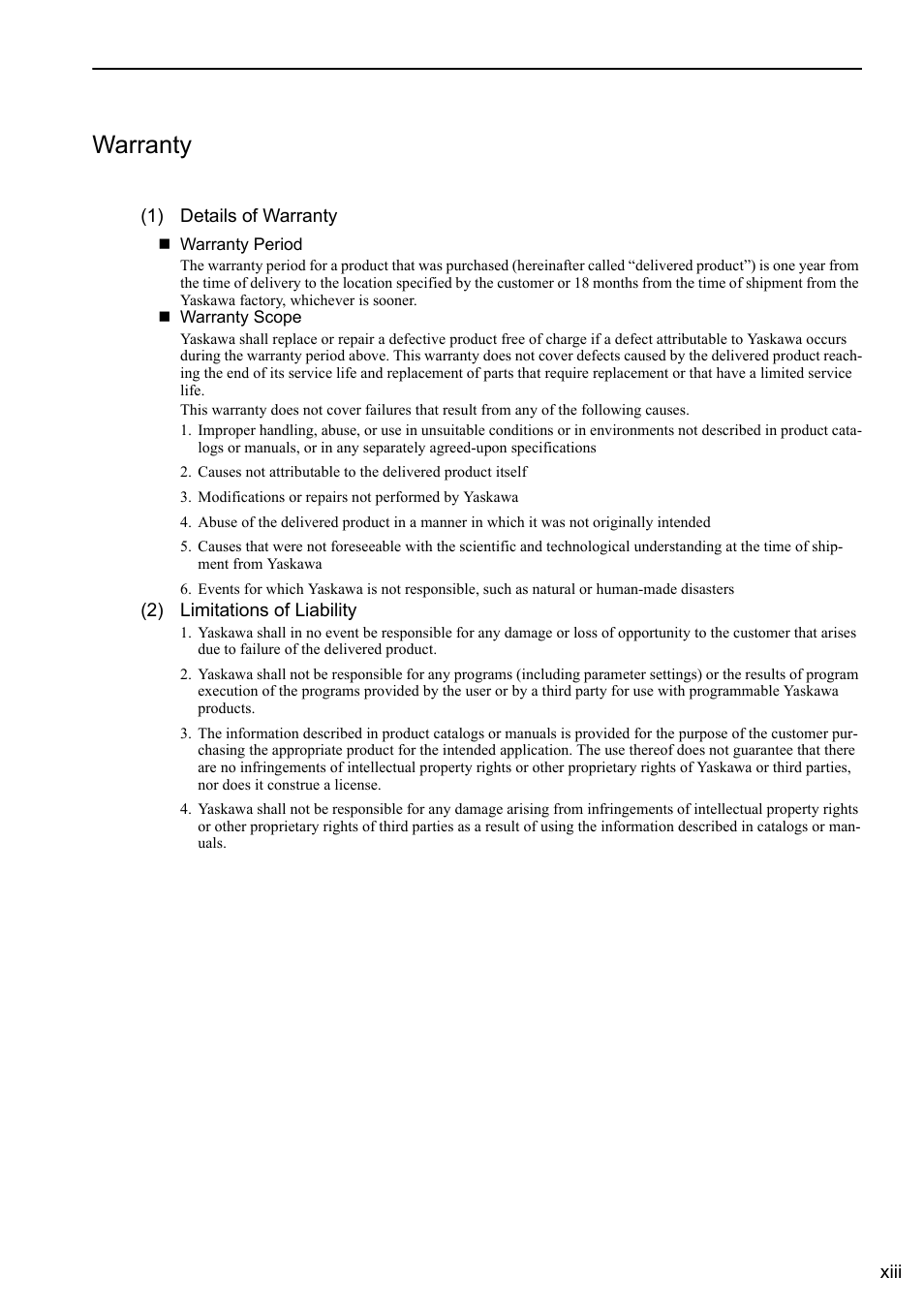 Warranty | Yaskawa Sigma-5 Large Capacity Users Manual: Design and Maintenance-Rotary Motors-Analog Voltage and Pulse Train Reference User Manual | Page 13 / 434