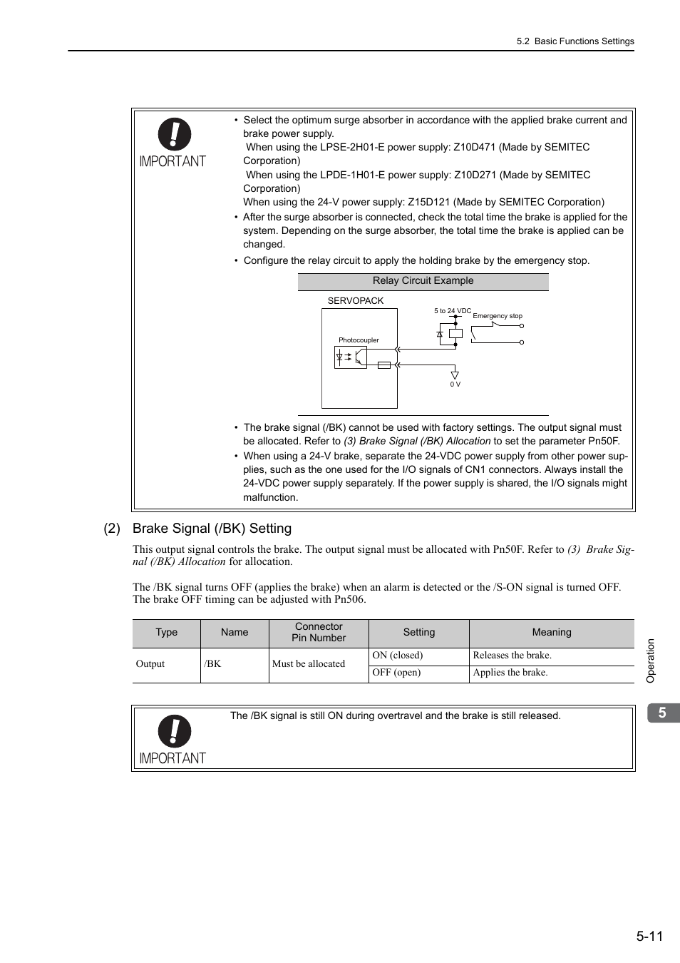 2) brake signal (/bk) setting | Yaskawa Sigma-5 Large Capacity Users Manual: Design and Maintenance-Rotary Motors-Analog Voltage and Pulse Train Reference User Manual | Page 132 / 434