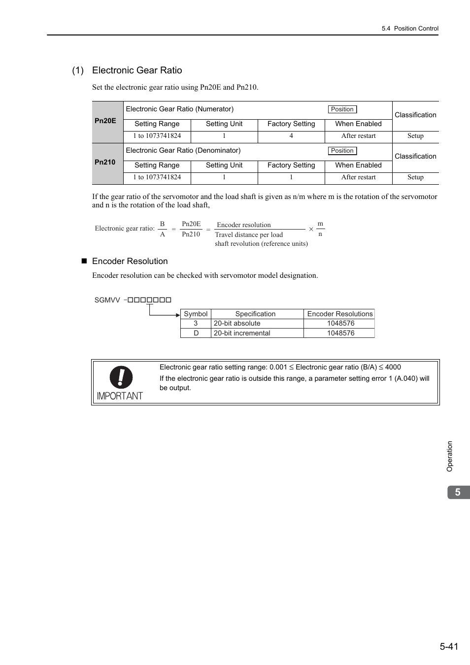 1) electronic gear ratio, Rotation | Yaskawa Sigma-5 Large Capacity Users Manual: Design and Maintenance-Rotary Motors-Analog Voltage and Pulse Train Reference User Manual | Page 162 / 434