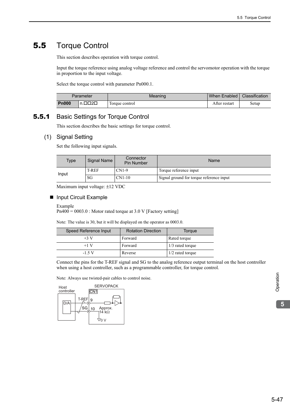 5 torque control, 1 basic settings for torque control, 1) signal setting | Analog | Yaskawa Sigma-5 Large Capacity Users Manual: Design and Maintenance-Rotary Motors-Analog Voltage and Pulse Train Reference User Manual | Page 168 / 434