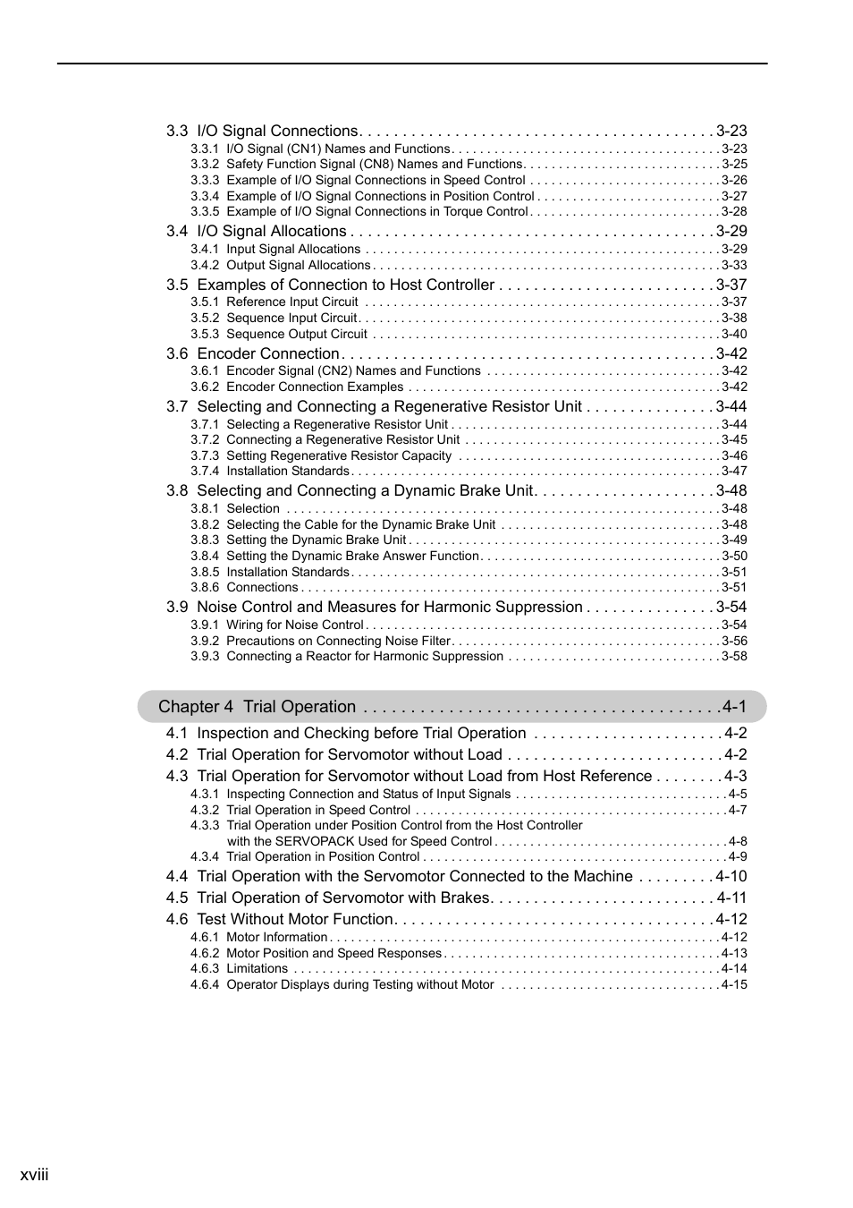 Xviii, Chapter 4 trial operation -1 | Yaskawa Sigma-5 Large Capacity Users Manual: Design and Maintenance-Rotary Motors-Analog Voltage and Pulse Train Reference User Manual | Page 18 / 434