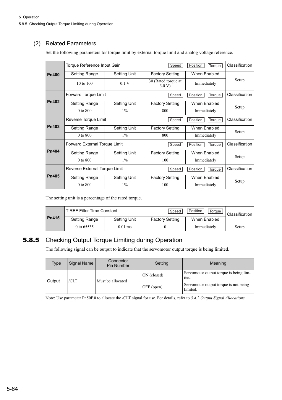 5 checking output torque limiting during operation, 64 (2) related parameters | Yaskawa Sigma-5 Large Capacity Users Manual: Design and Maintenance-Rotary Motors-Analog Voltage and Pulse Train Reference User Manual | Page 185 / 434