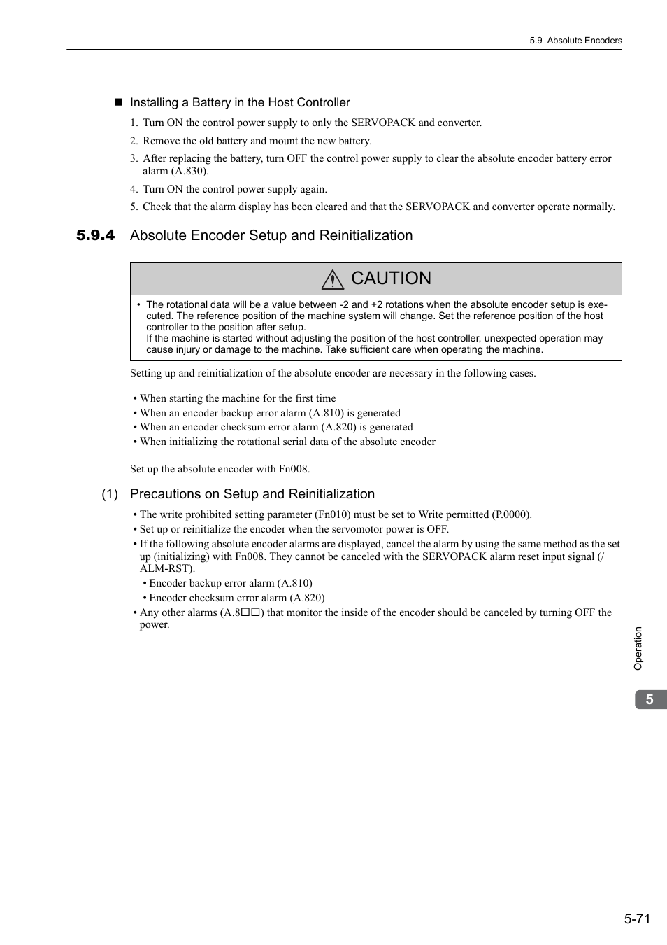 4 absolute encoder setup and reinitialization, Caution | Yaskawa Sigma-5 Large Capacity Users Manual: Design and Maintenance-Rotary Motors-Analog Voltage and Pulse Train Reference User Manual | Page 192 / 434