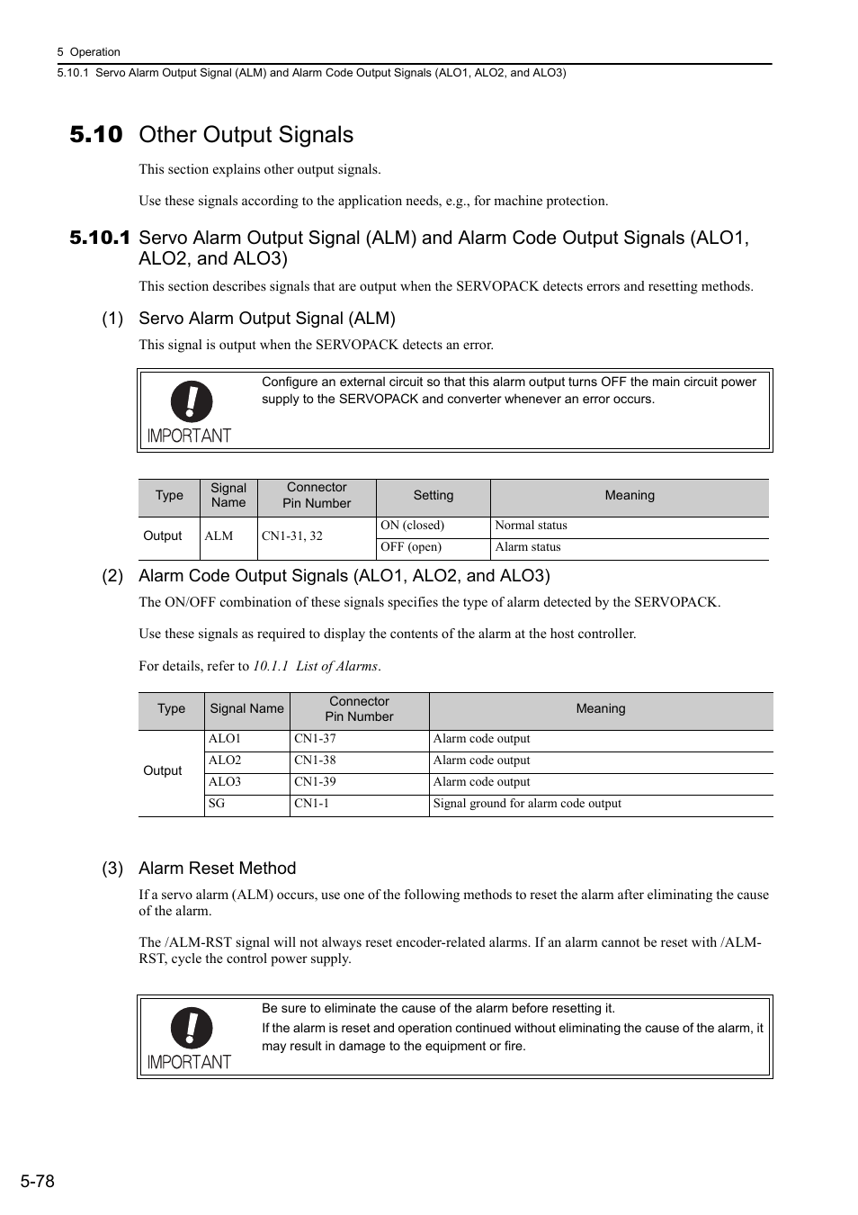 10 other output signals, 1) servo alarm output signal (alm), 3) alarm reset method | Yaskawa Sigma-5 Large Capacity Users Manual: Design and Maintenance-Rotary Motors-Analog Voltage and Pulse Train Reference User Manual | Page 199 / 434