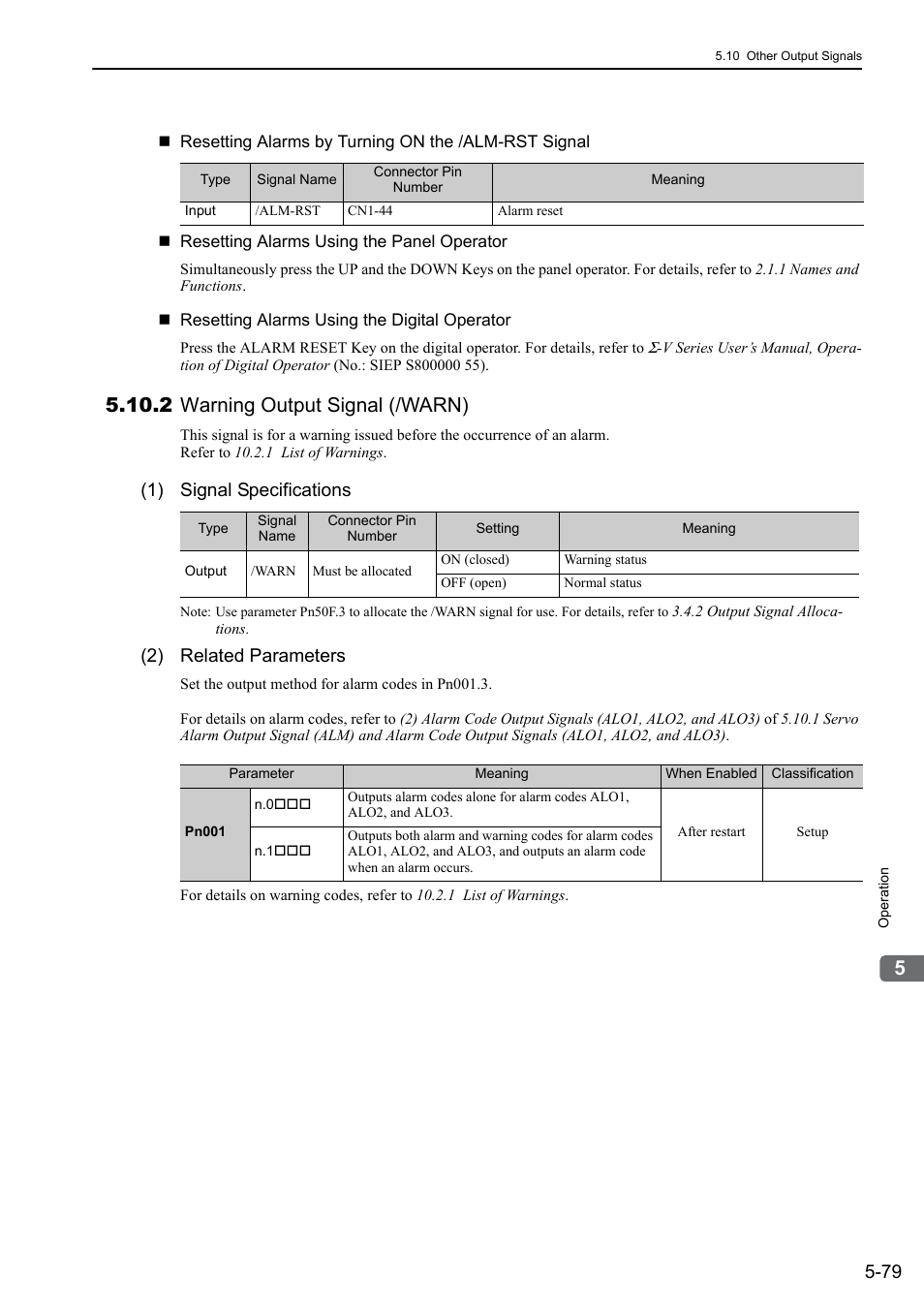 2 warning output signal (/warn), 1) signal specifications, 2) related parameters | Yaskawa Sigma-5 Large Capacity Users Manual: Design and Maintenance-Rotary Motors-Analog Voltage and Pulse Train Reference User Manual | Page 200 / 434