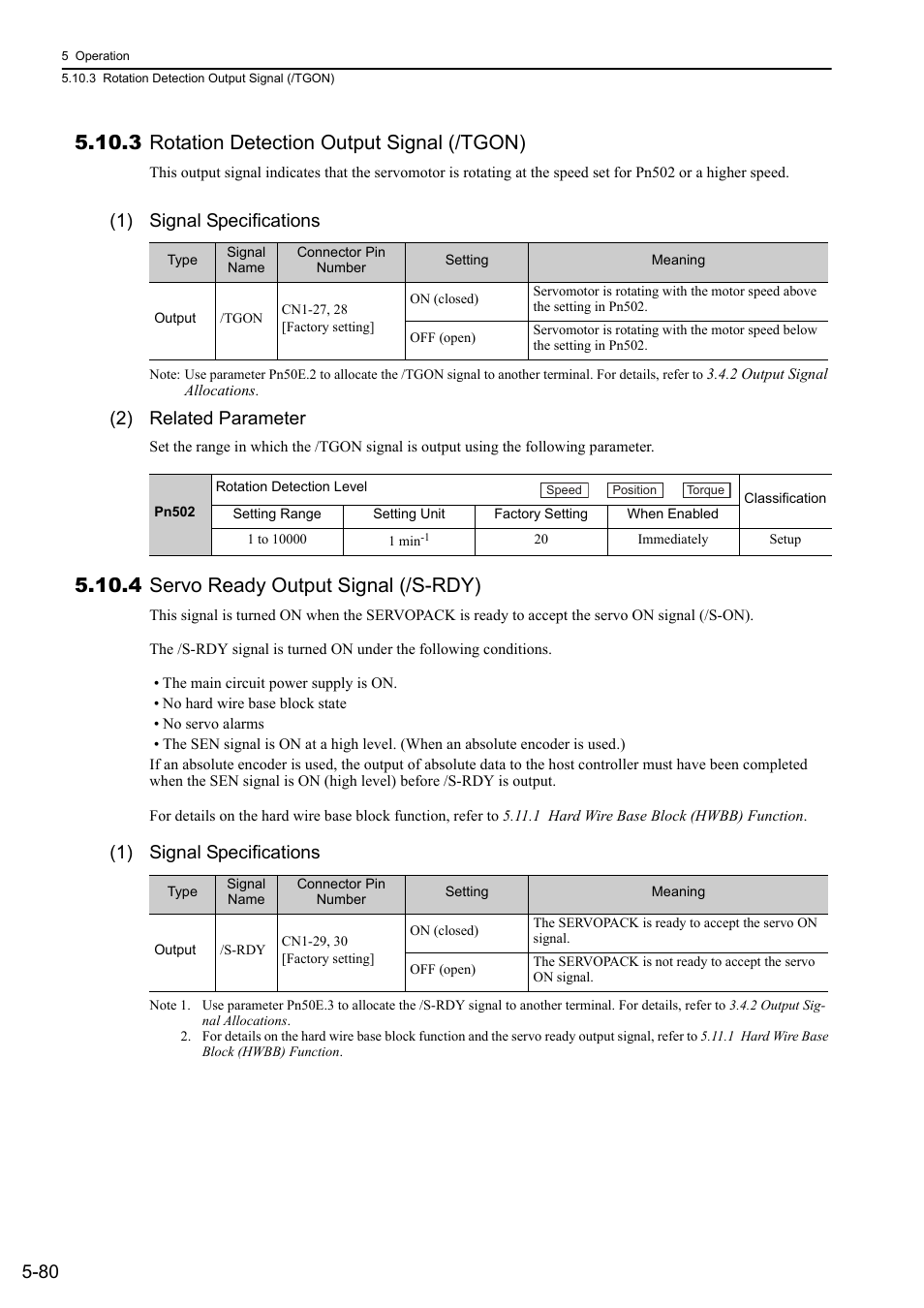 3 rotation detection output signal (/tgon), 4 servo ready output signal (/s-rdy), 1) signal specifications | 2) related parameter | Yaskawa Sigma-5 Large Capacity Users Manual: Design and Maintenance-Rotary Motors-Analog Voltage and Pulse Train Reference User Manual | Page 201 / 434