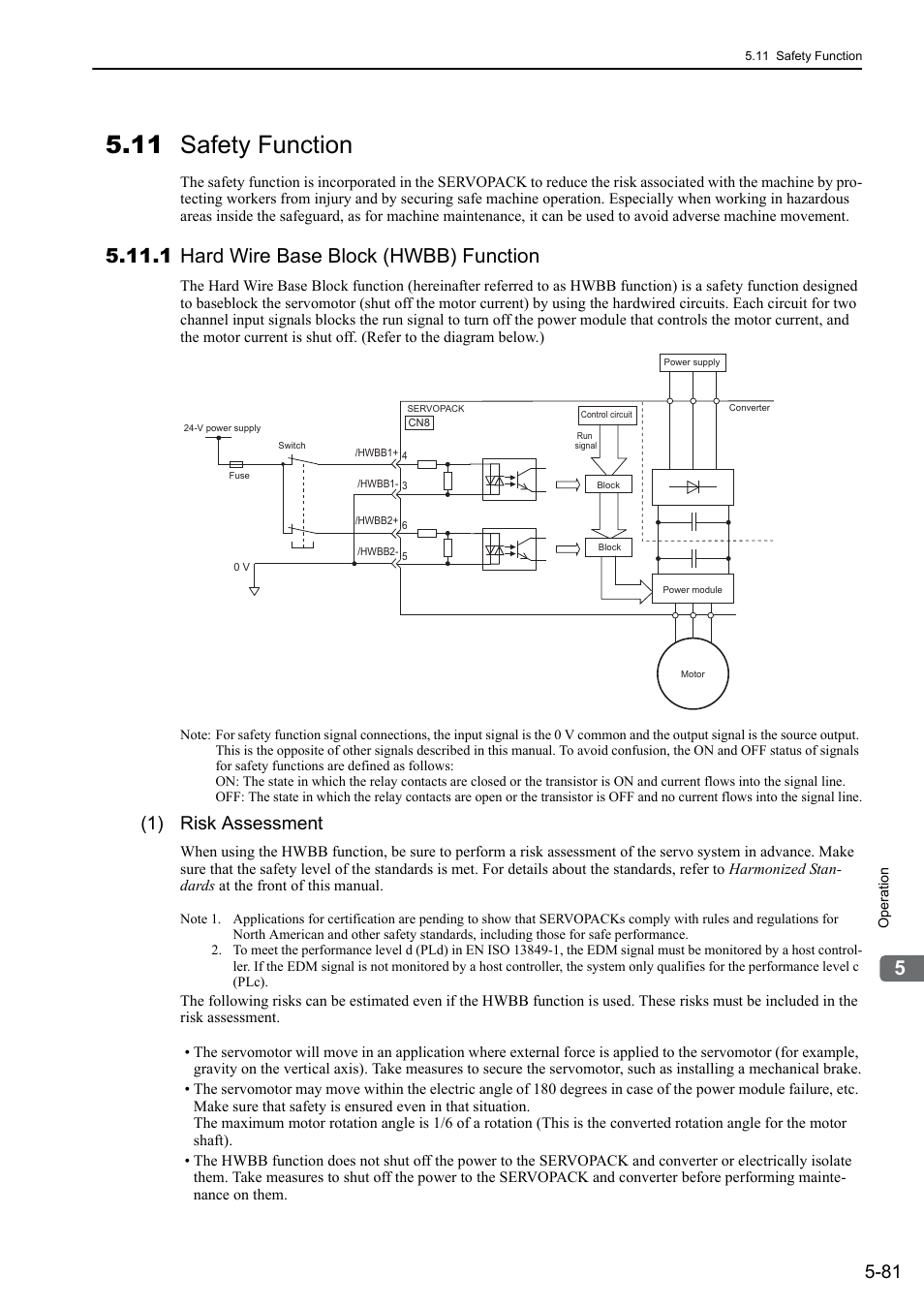 11 safety function, 1 hard wire base block (hwbb) function, 1) risk assessment | Yaskawa Sigma-5 Large Capacity Users Manual: Design and Maintenance-Rotary Motors-Analog Voltage and Pulse Train Reference User Manual | Page 202 / 434