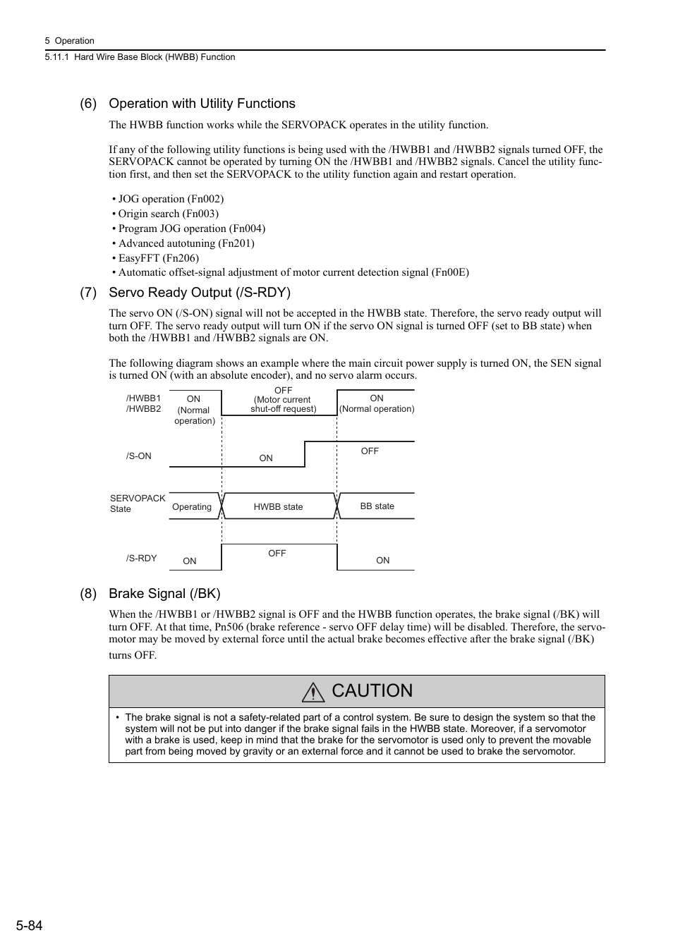 Caution, 84 (6) operation with utility functions, 7) servo ready output (/s-rdy) | 8) brake signal (/bk), Analog | Yaskawa Sigma-5 Large Capacity Users Manual: Design and Maintenance-Rotary Motors-Analog Voltage and Pulse Train Reference User Manual | Page 205 / 434