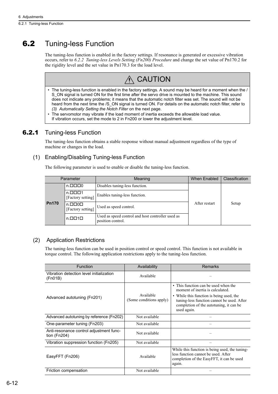 2 tuning-less function, 1 tuning-less function, Caution | 1) enabling/disabling tuning-less function, 2) application restrictions | Yaskawa Sigma-5 Large Capacity Users Manual: Design and Maintenance-Rotary Motors-Analog Voltage and Pulse Train Reference User Manual | Page 223 / 434