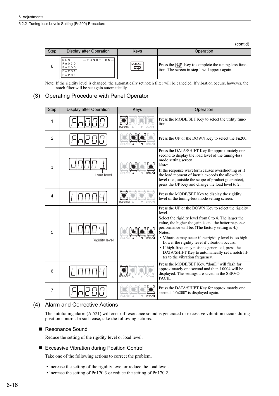 Resonance sound, Excessive vibration during position control | Yaskawa Sigma-5 Large Capacity Users Manual: Design and Maintenance-Rotary Motors-Analog Voltage and Pulse Train Reference User Manual | Page 227 / 434