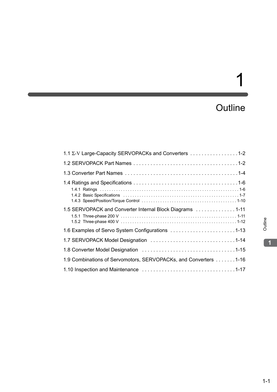1 outline, Outline | Yaskawa Sigma-5 Large Capacity Users Manual: Design and Maintenance-Rotary Motors-Analog Voltage and Pulse Train Reference User Manual | Page 23 / 434