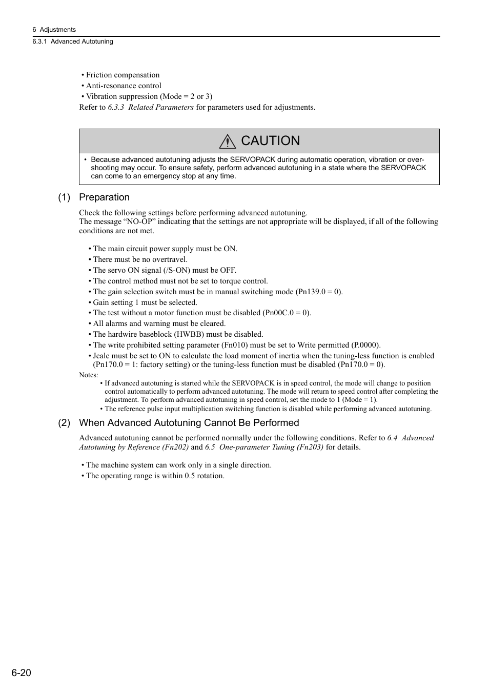 Caution, 1) preparation, 2) when advanced autotuning cannot be performed | Yaskawa Sigma-5 Large Capacity Users Manual: Design and Maintenance-Rotary Motors-Analog Voltage and Pulse Train Reference User Manual | Page 231 / 434