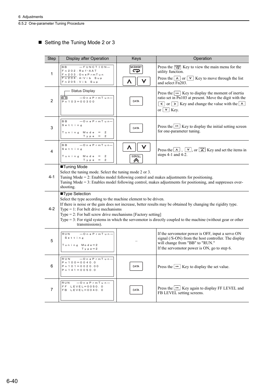 Setting the tuning mode 2 or 3 | Yaskawa Sigma-5 Large Capacity Users Manual: Design and Maintenance-Rotary Motors-Analog Voltage and Pulse Train Reference User Manual | Page 251 / 434