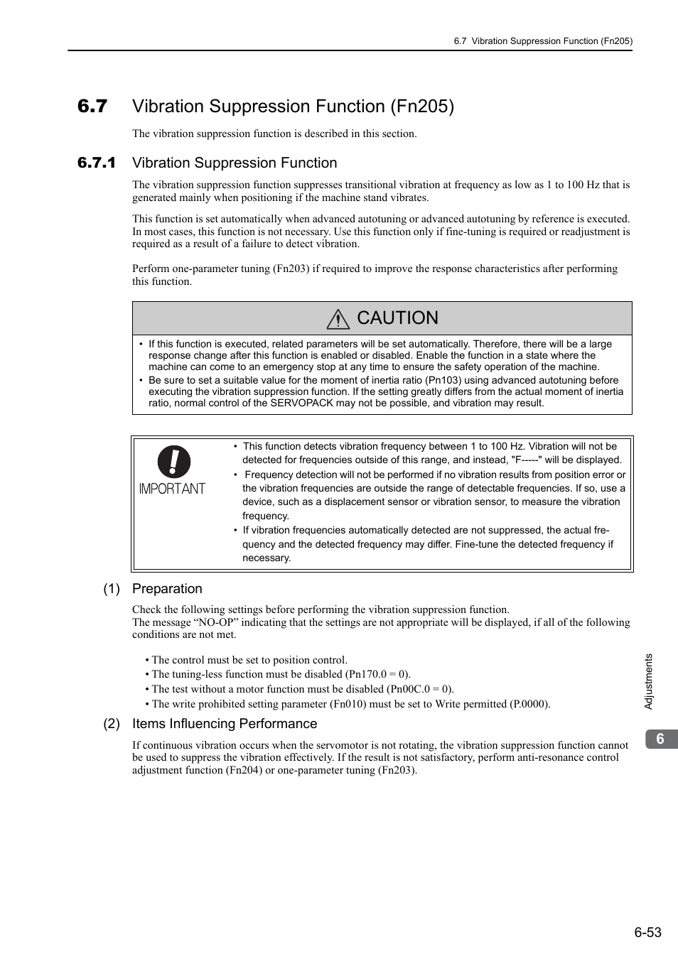 7 vibration suppression function (fn205), 1 vibration suppression function, Caution | Yaskawa Sigma-5 Large Capacity Users Manual: Design and Maintenance-Rotary Motors-Analog Voltage and Pulse Train Reference User Manual | Page 264 / 434