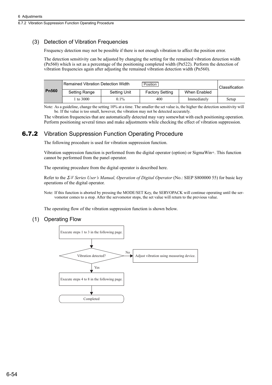 54 (3) detection of vibration frequencies, 1) operating flow | Yaskawa Sigma-5 Large Capacity Users Manual: Design and Maintenance-Rotary Motors-Analog Voltage and Pulse Train Reference User Manual | Page 265 / 434