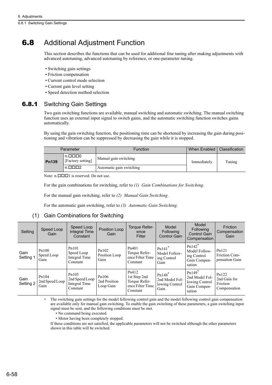 8 additional adjustment function, 1 switching gain settings, 1) gain combinations for switching | Yaskawa Sigma-5 Large Capacity Users Manual: Design and Maintenance-Rotary Motors-Analog Voltage and Pulse Train Reference User Manual | Page 269 / 434