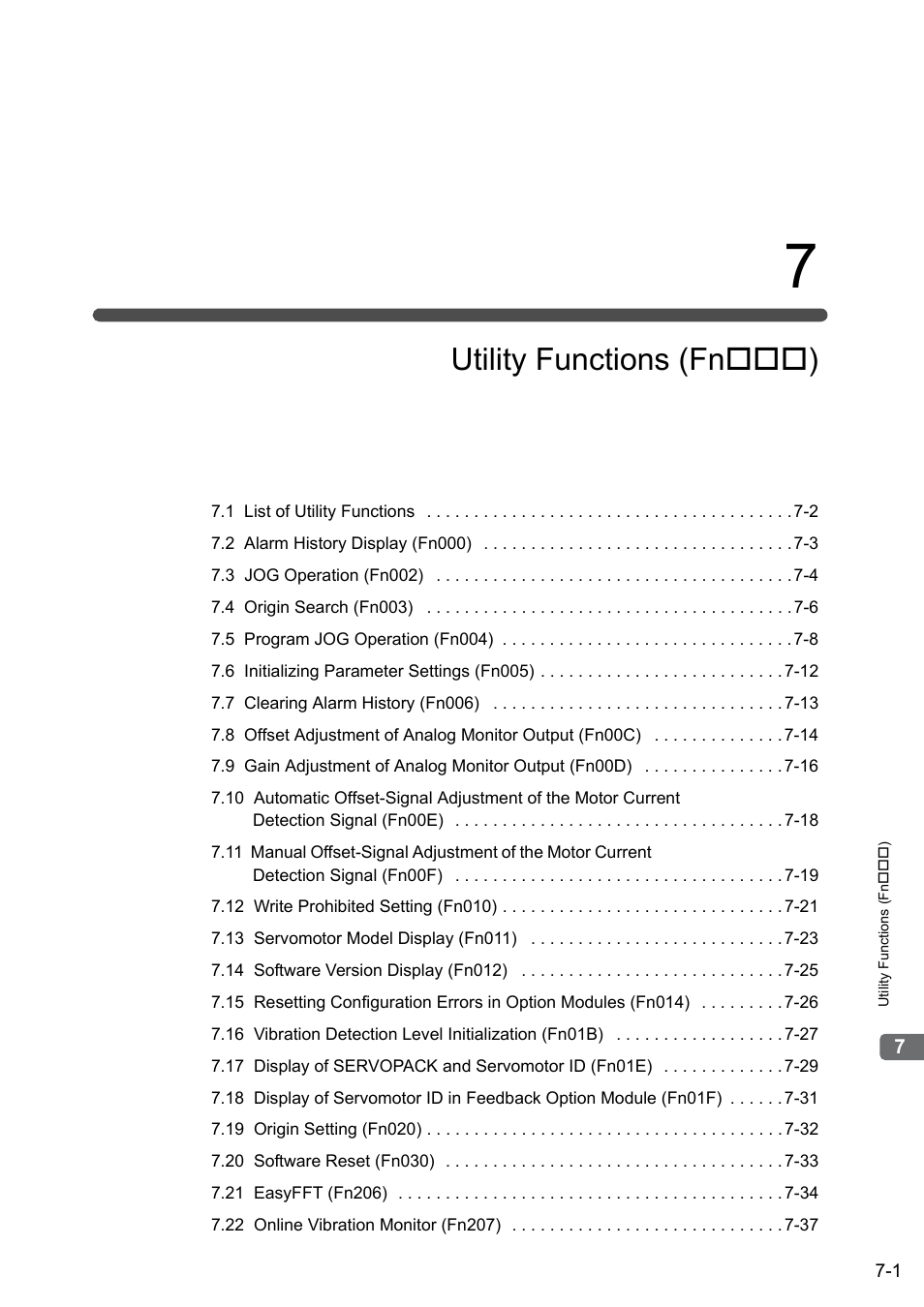 7 utility functions (fn***), Utility functions (fn ) | Yaskawa Sigma-5 Large Capacity Users Manual: Design and Maintenance-Rotary Motors-Analog Voltage and Pulse Train Reference User Manual | Page 286 / 434