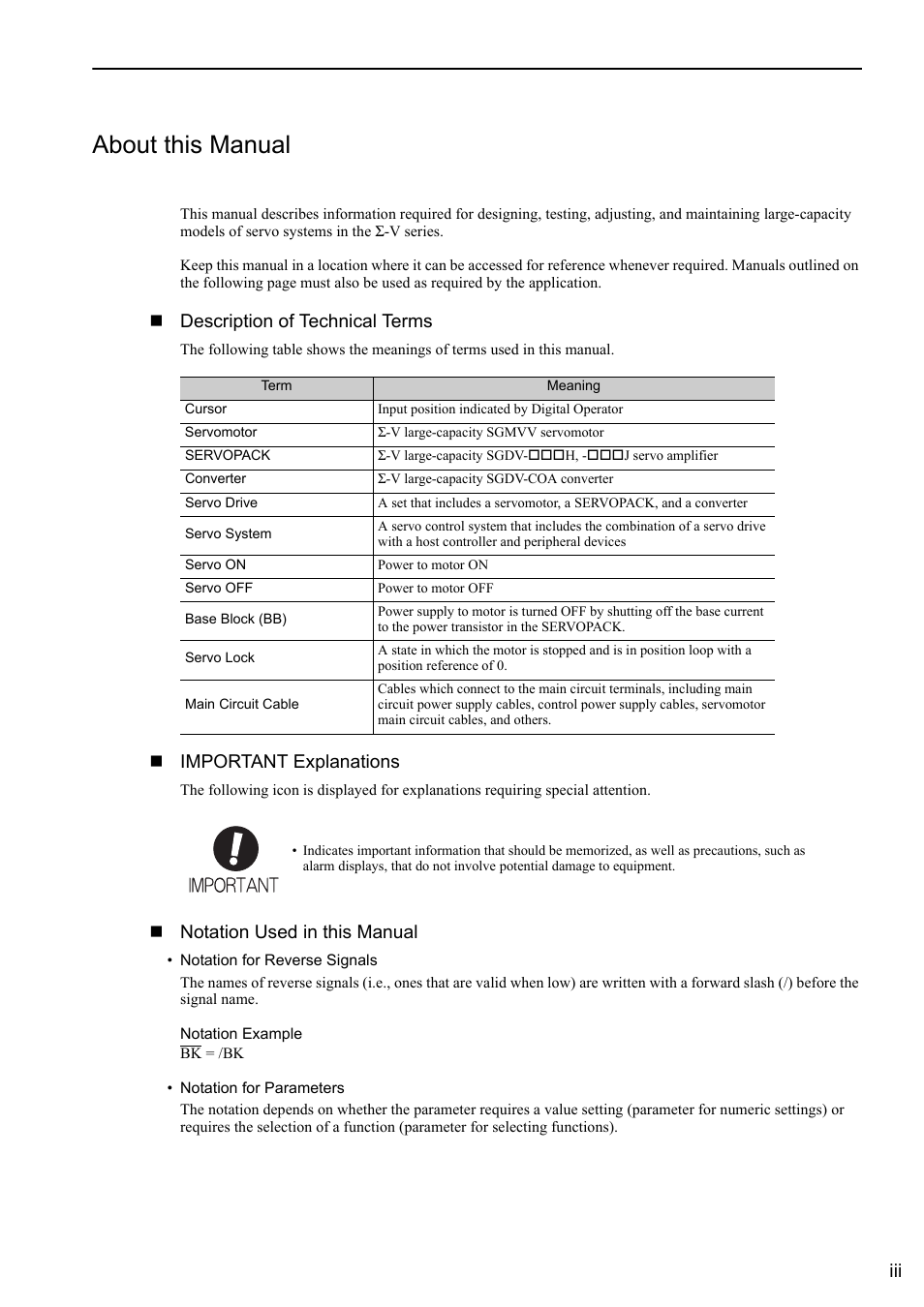 About this manual, Description of technical terms, Important explanations | Notation used in this manual | Yaskawa Sigma-5 Large Capacity Users Manual: Design and Maintenance-Rotary Motors-Analog Voltage and Pulse Train Reference User Manual | Page 3 / 434