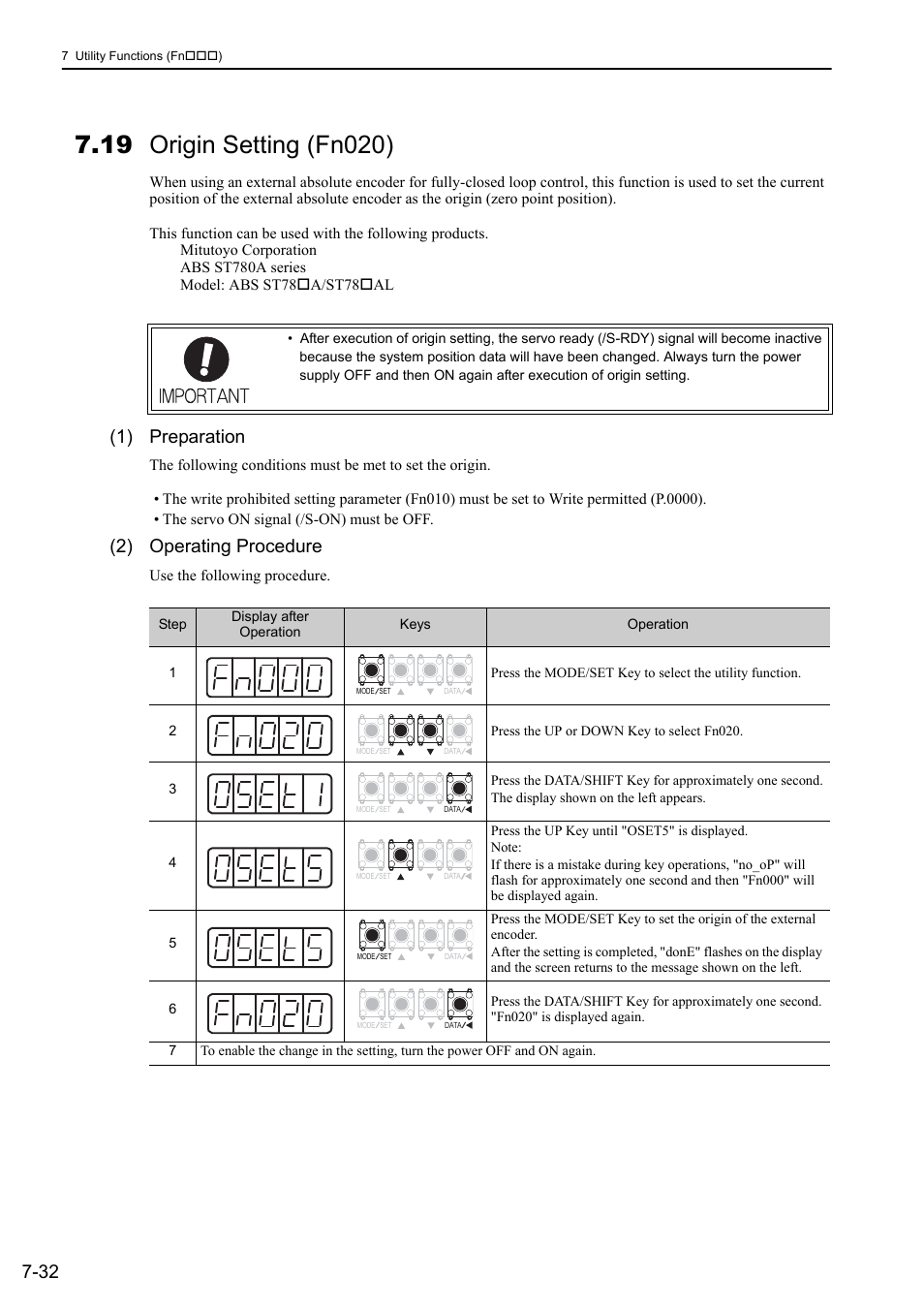 19 origin setting (fn020), 1) preparation, 2) operating procedure | Yaskawa Sigma-5 Large Capacity Users Manual: Design and Maintenance-Rotary Motors-Analog Voltage and Pulse Train Reference User Manual | Page 317 / 434