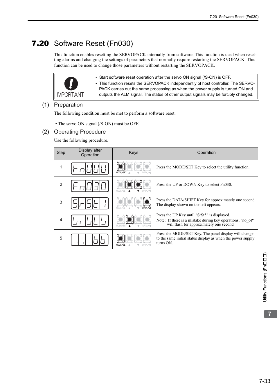 20 software reset (fn030), 1) preparation, 2) operating procedure | Yaskawa Sigma-5 Large Capacity Users Manual: Design and Maintenance-Rotary Motors-Analog Voltage and Pulse Train Reference User Manual | Page 318 / 434