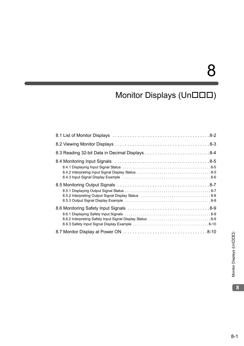 8 monitor displays (un***), Monitor displays (un ) | Yaskawa Sigma-5 Large Capacity Users Manual: Design and Maintenance-Rotary Motors-Analog Voltage and Pulse Train Reference User Manual | Page 325 / 434