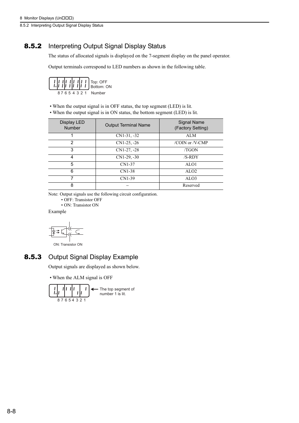 2 interpreting output signal display status, 3 output signal display example, Analog | Yaskawa Sigma-5 Large Capacity Users Manual: Design and Maintenance-Rotary Motors-Analog Voltage and Pulse Train Reference User Manual | Page 332 / 434