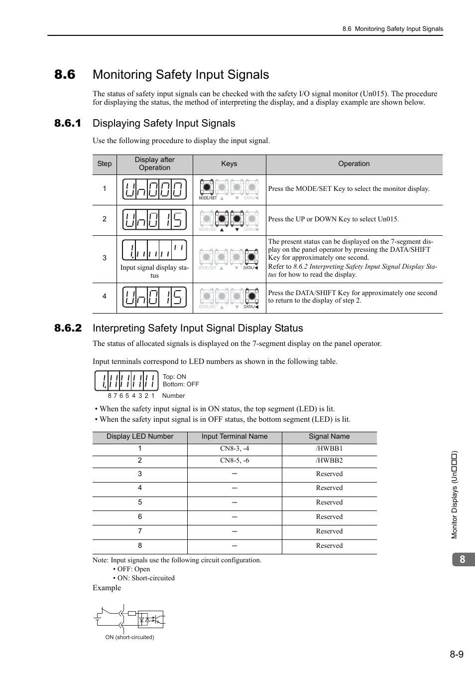 6 monitoring safety input signals, 1 displaying safety input signals, 2 interpreting safety input signal display status | Analog | Yaskawa Sigma-5 Large Capacity Users Manual: Design and Maintenance-Rotary Motors-Analog Voltage and Pulse Train Reference User Manual | Page 333 / 434