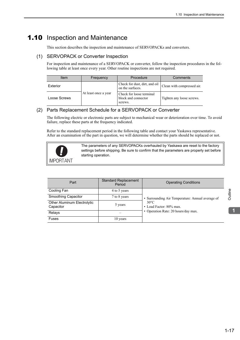 10 inspection and maintenance, 1) servopack or converter inspection | Yaskawa Sigma-5 Large Capacity Users Manual: Design and Maintenance-Rotary Motors-Analog Voltage and Pulse Train Reference User Manual | Page 39 / 434