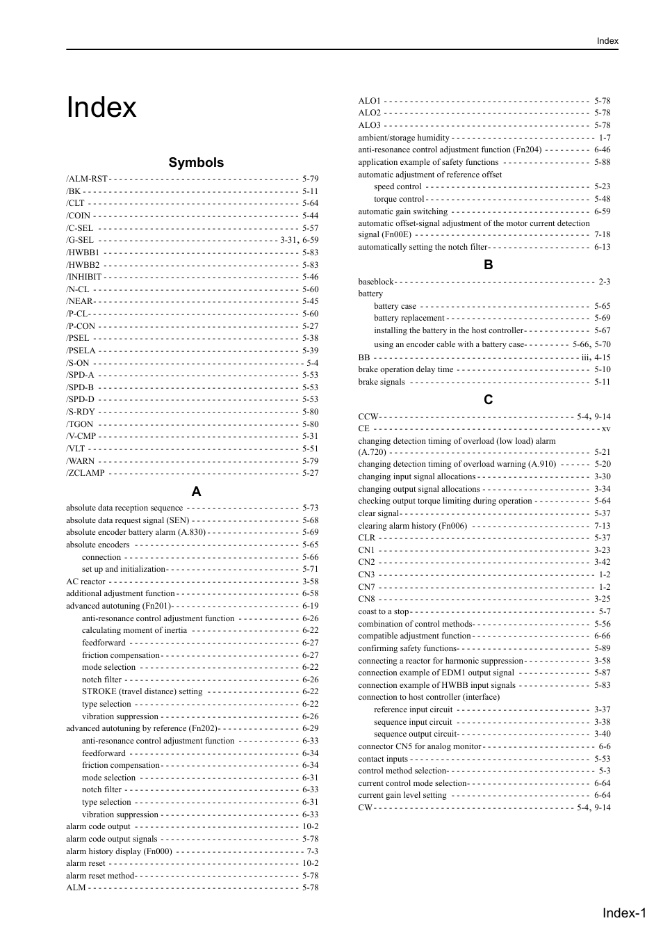 Index, Symbols, Index-1 | Yaskawa Sigma-5 Large Capacity Users Manual: Design and Maintenance-Rotary Motors-Analog Voltage and Pulse Train Reference User Manual | Page 429 / 434