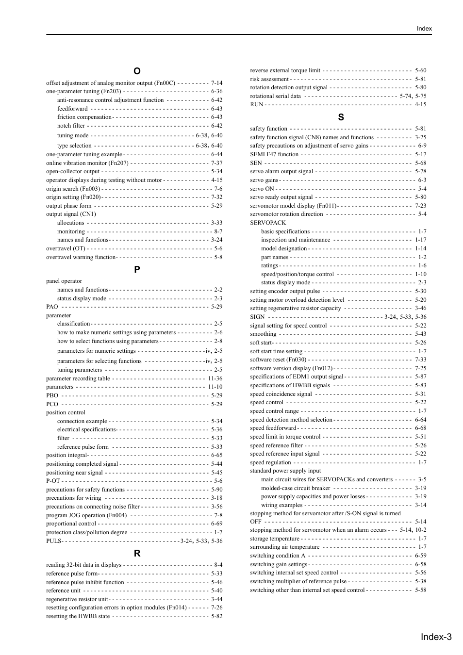 Index-3 o | Yaskawa Sigma-5 Large Capacity Users Manual: Design and Maintenance-Rotary Motors-Analog Voltage and Pulse Train Reference User Manual | Page 431 / 434