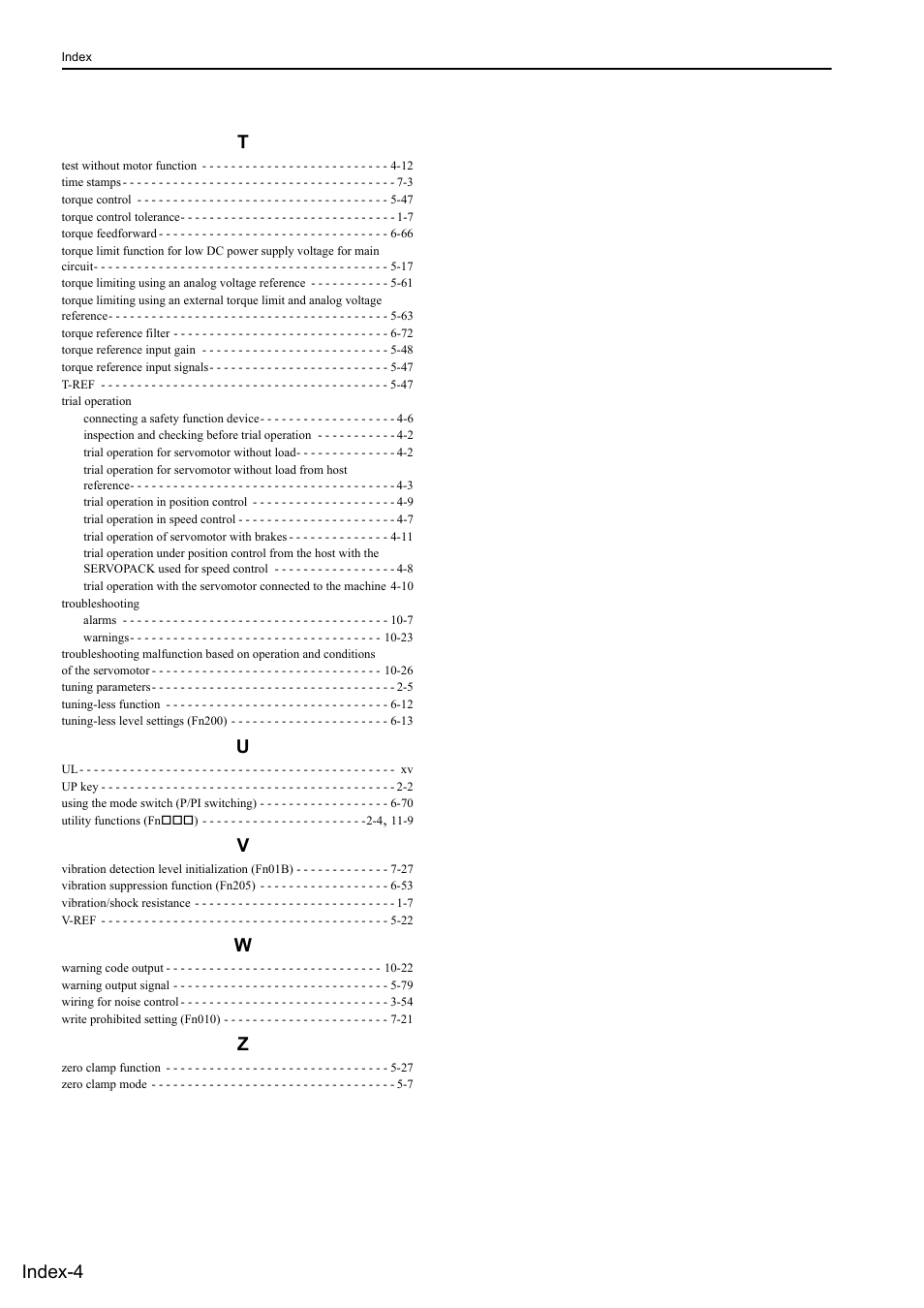 Index-4 t | Yaskawa Sigma-5 Large Capacity Users Manual: Design and Maintenance-Rotary Motors-Analog Voltage and Pulse Train Reference User Manual | Page 432 / 434