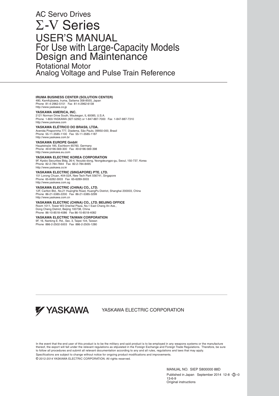 Back cover, Series, Ac servo drives | Yaskawa Sigma-5 Large Capacity Users Manual: Design and Maintenance-Rotary Motors-Analog Voltage and Pulse Train Reference User Manual | Page 434 / 434