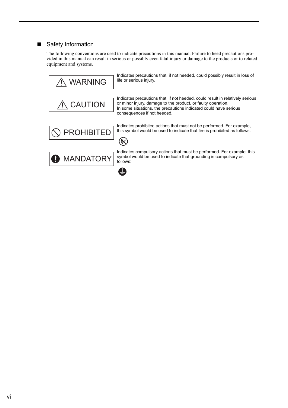 Warning caution prohibited mandatory | Yaskawa Sigma-5 Large Capacity Users Manual: Design and Maintenance-Rotary Motors-Analog Voltage and Pulse Train Reference User Manual | Page 6 / 434