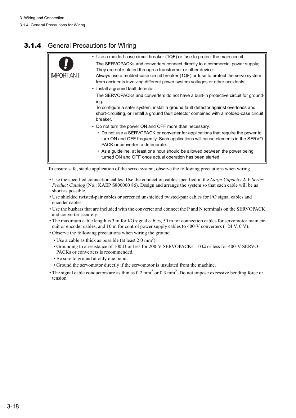 4 general precautions for wiring | Yaskawa Sigma-5 Large Capacity Users Manual: Design and Maintenance-Rotary Motors-Analog Voltage and Pulse Train Reference User Manual | Page 66 / 434